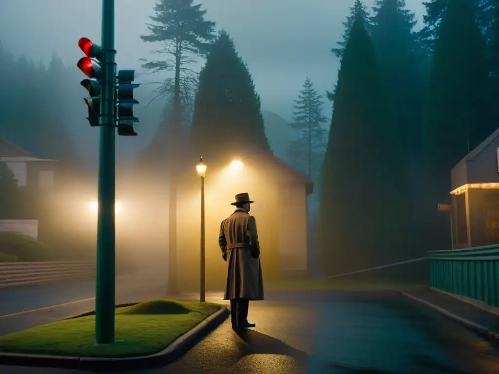 Escena de cine negro en Twin Peaks, con figura misteriosa en la niebla