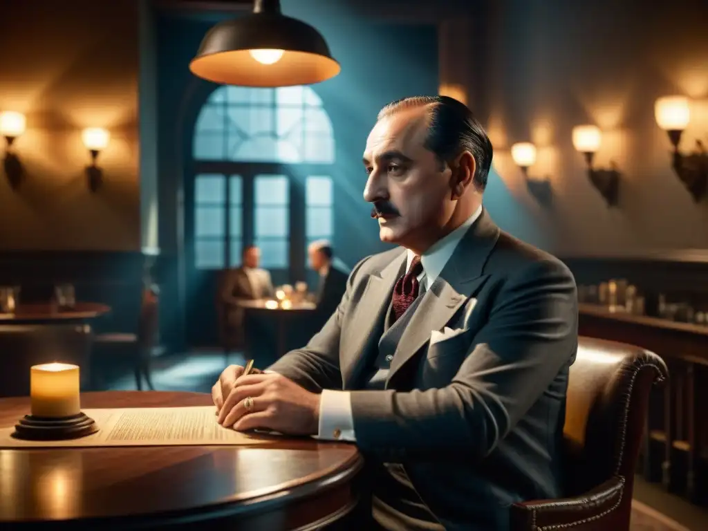 Una escena de cine noir con Hércules Poirot en un café sombrío, examinando pistas