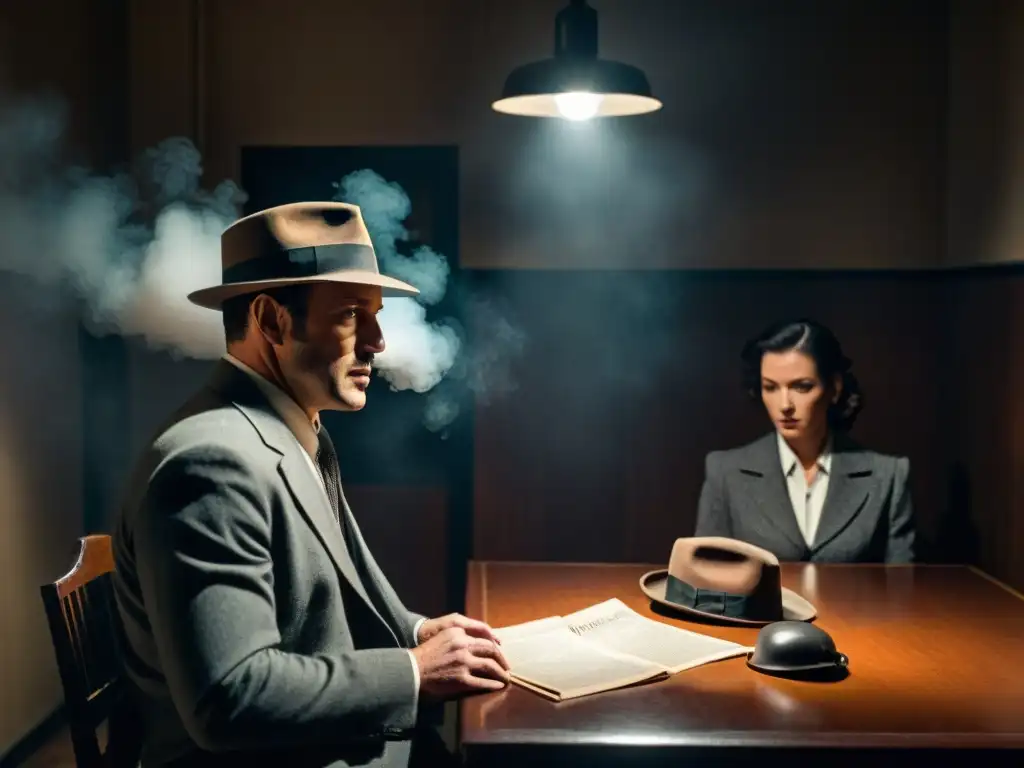 Escena de cine noir con técnicas de interrogación en cine: detective en sombrero fedora acechando a sospechoso atado a silla en habitación sombría