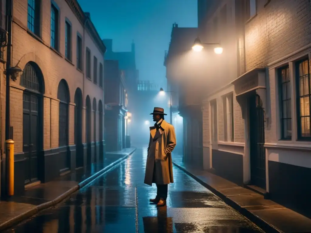 Una escena de crimen detectivesco: un callejón sombrío, niebla, figura misteriosa bajo farola, coche vintage y la ciudad al fondo