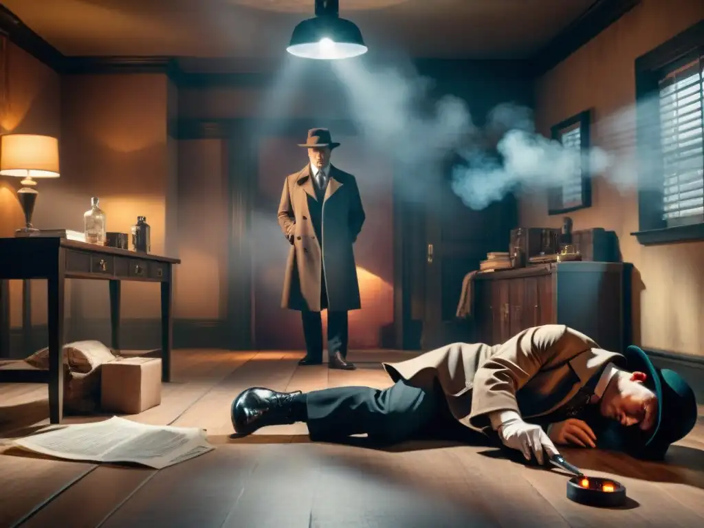 Escena de crimen en penumbra: detectives investigan misterioso asesinato Escena del crimen en penumbra con CSI y criminología moderna, detectives en acción