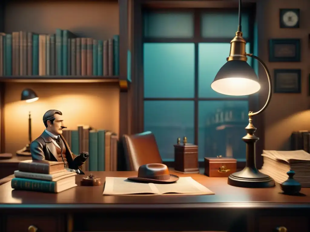 Escena de un despacho de detective con figuras coleccionables de Sherlock Holmes, magnificando su misterio y atractivo