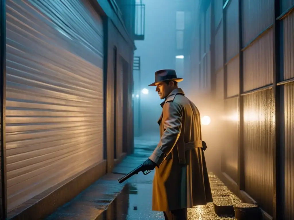 En una escena noir, un detective se enfrenta a un villano en un callejón oscuro