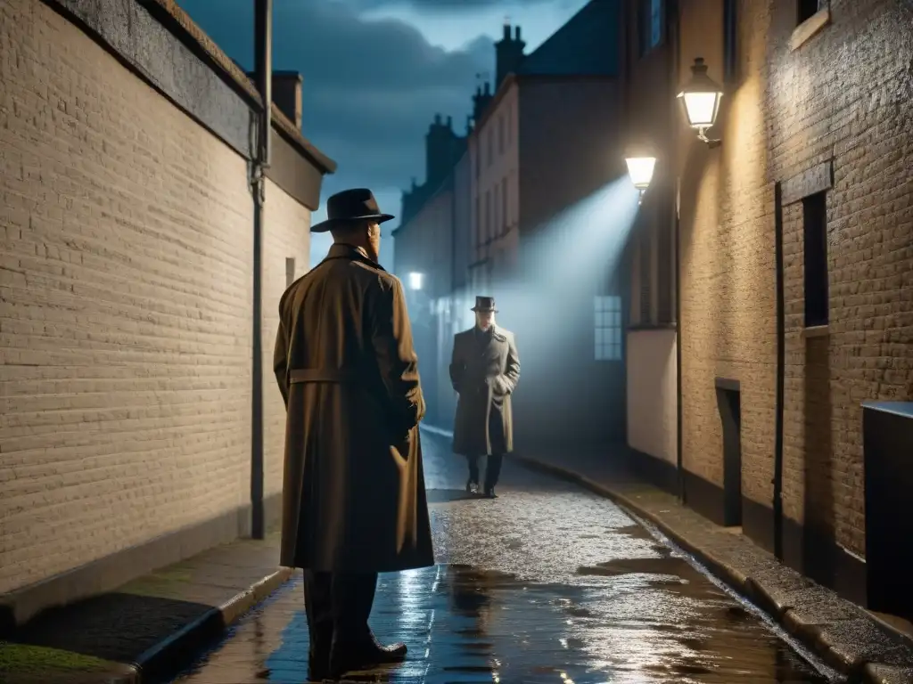 Sombras de misterio: detectives en la noche noir Escena de detectives en un callejón oscuro iluminado por una farola, evocando el misterio de CSI y criminología moderna