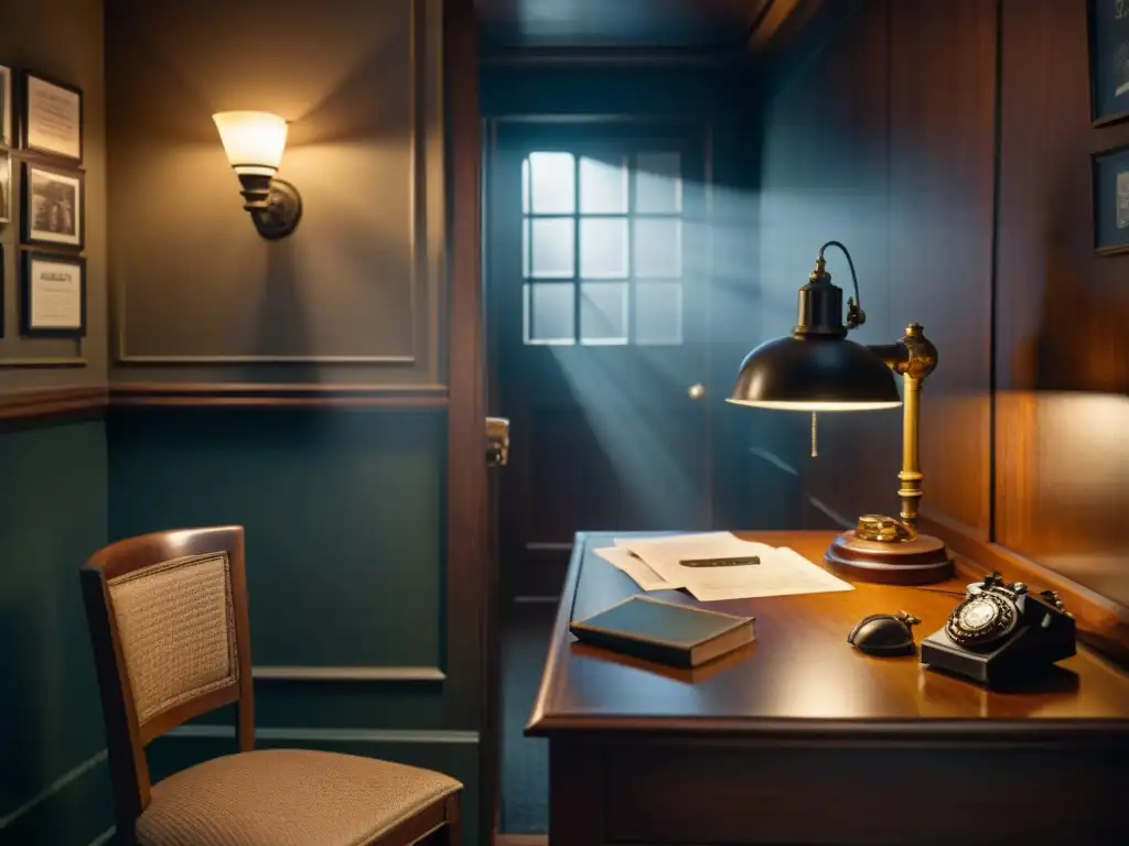 Escena de Escape Room inspirada en series detectives, con muebles vintage, lámpara tenue y aire de intriga