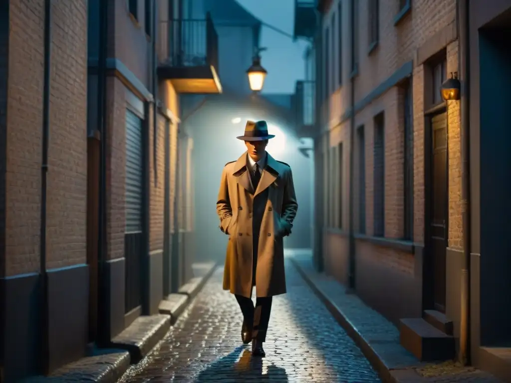 Escena de Film Noir con un callejón oscuro iluminado por una farola, mostrando una figura misteriosa