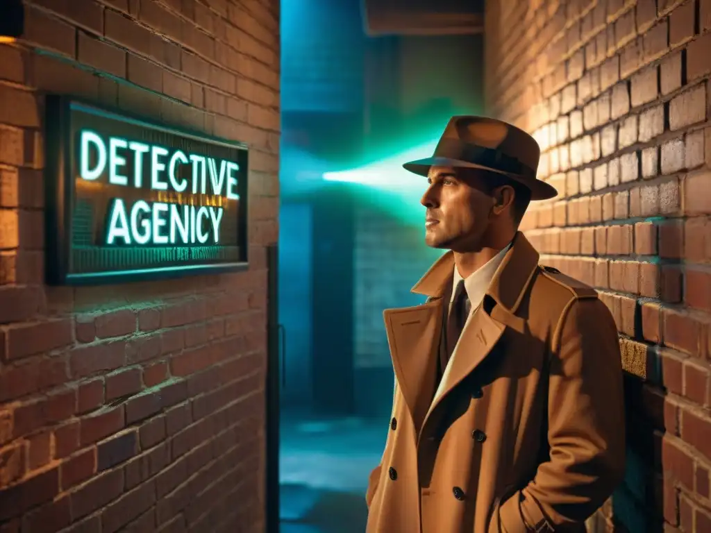 Noche de misterio: detective en callejón sombrío Escena de film noir: figura solitaria bajo letrero 'Detective Agency', expresión determinada