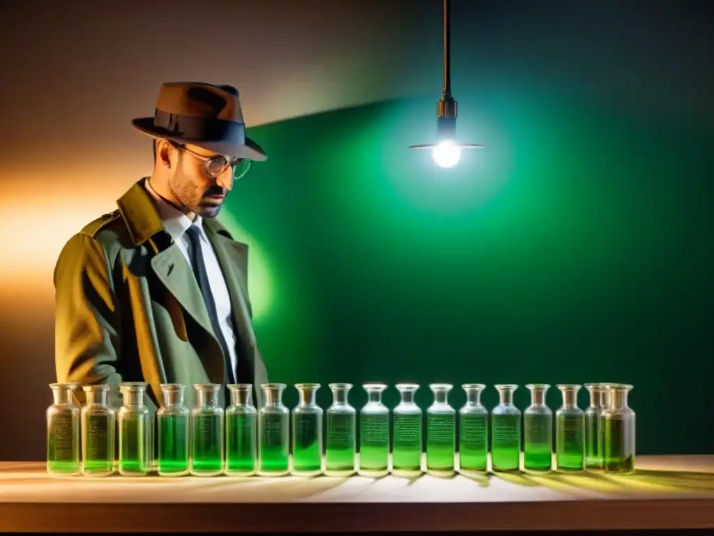 Escena de química forense con científico investigando misterioso líquido verde en laboratorio oscuro