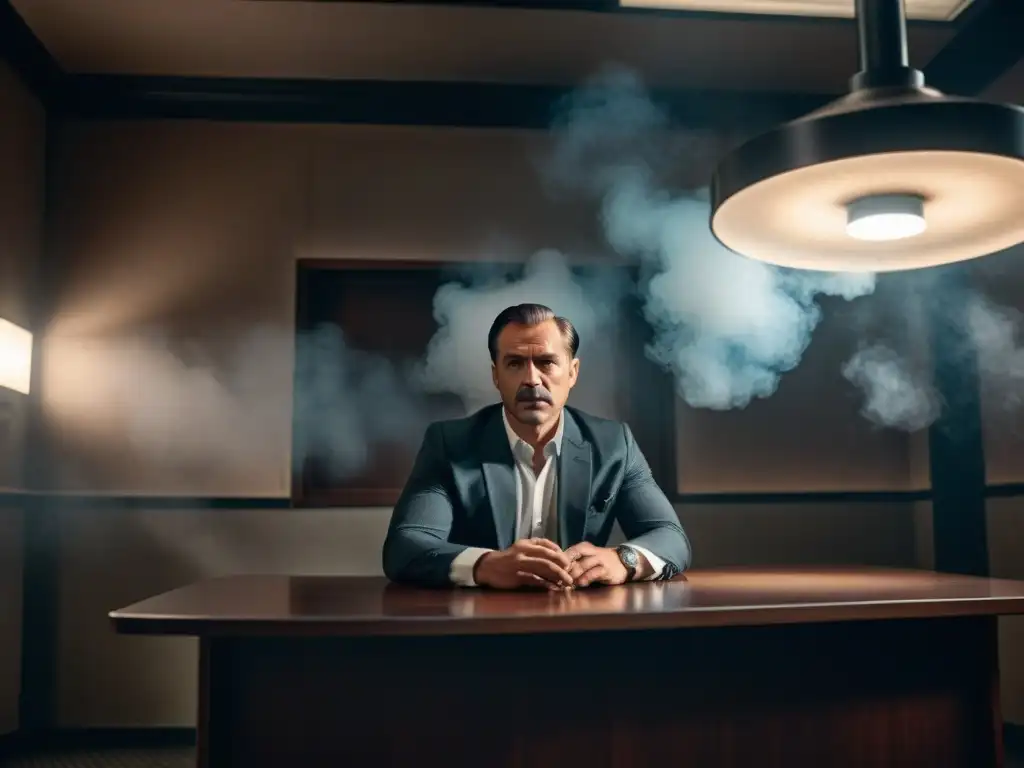 Escena de interrogatorio en cine y TV: detective tenso interroga a sospechoso bajo luz intensa en habitación sombría llena de humo de cigarrillo