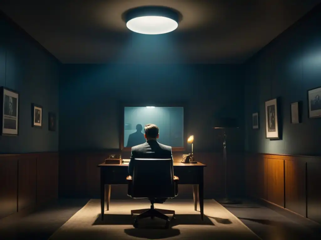 Escena de interrogatorio con espejo unidireccional en penumbra, evocando la psicología del crimen en Mindhunter