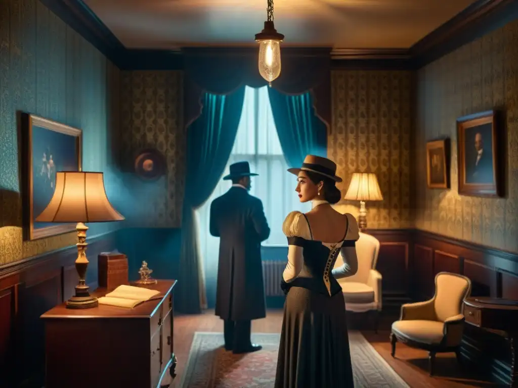Escena de intriga en salón victoriano: intercambio de secretos Escena de intriga y espionaje en una sala victoriana, con figuras misteriosas intercambiando documentos en la penumbra