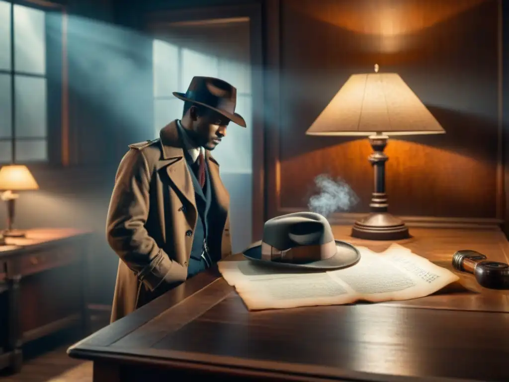 Escena intrigante de una habitación ahumada con lupa vintage sobre mesa de madera