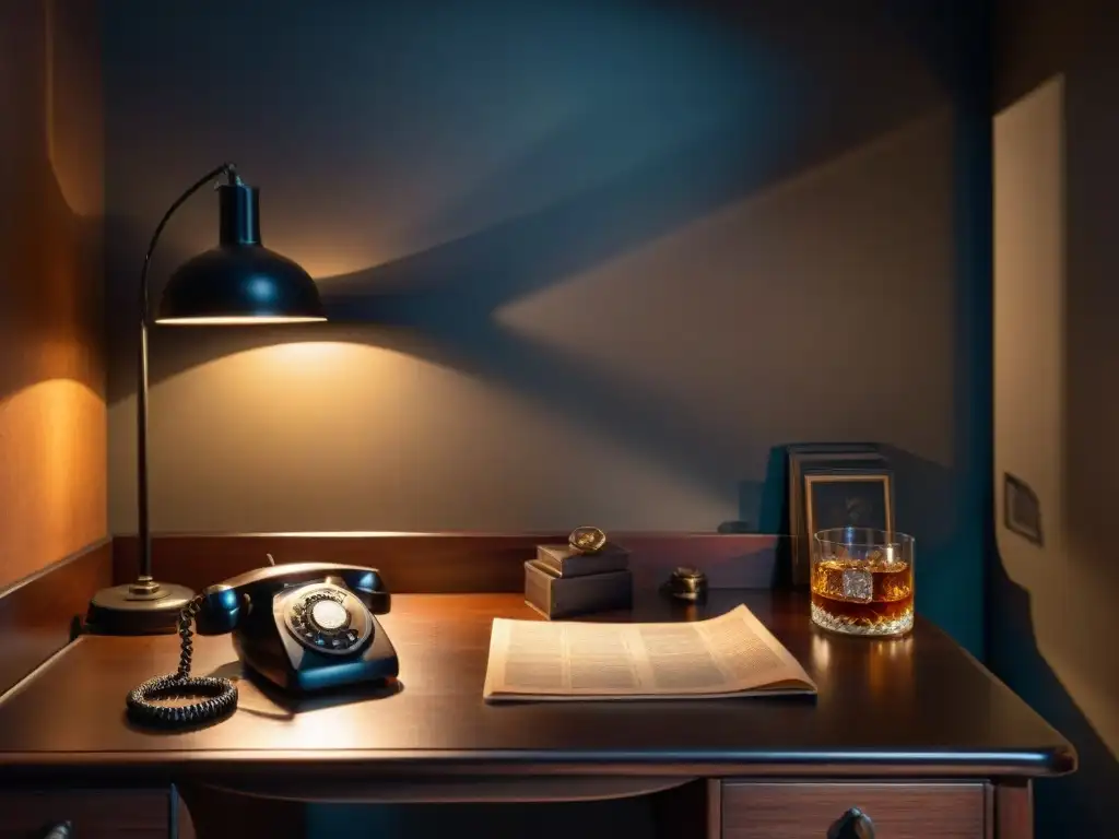 Escena intrigante de una habitación oscura con escritorio vintage y herramientas de detective, inspiración Escape Rooms series detectives