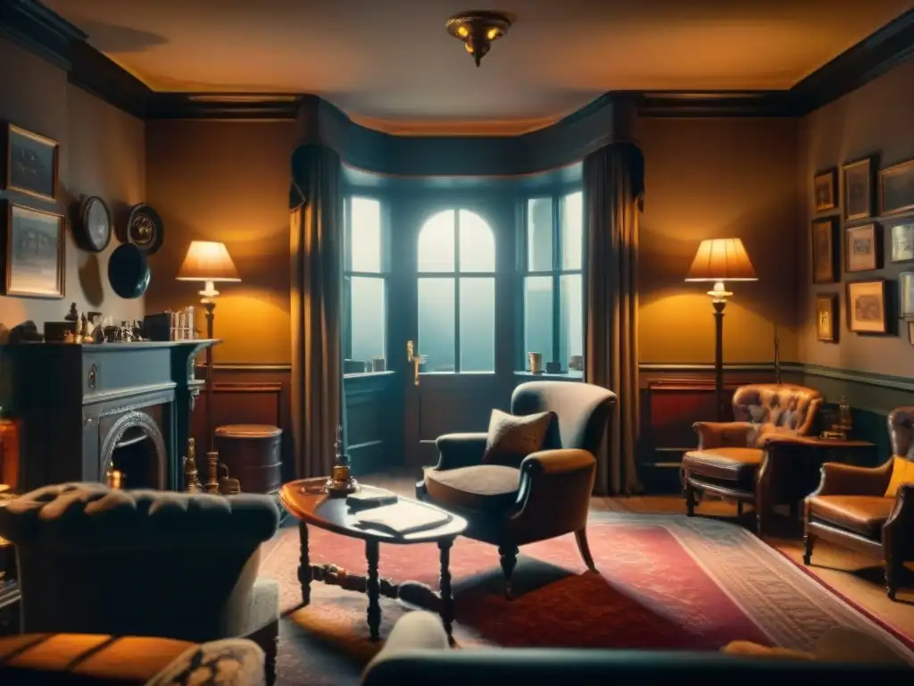 Escena intrigante y misteriosa en la sala de estar de 221B Baker Street, locaciones icónicas de Sherlock Holmes