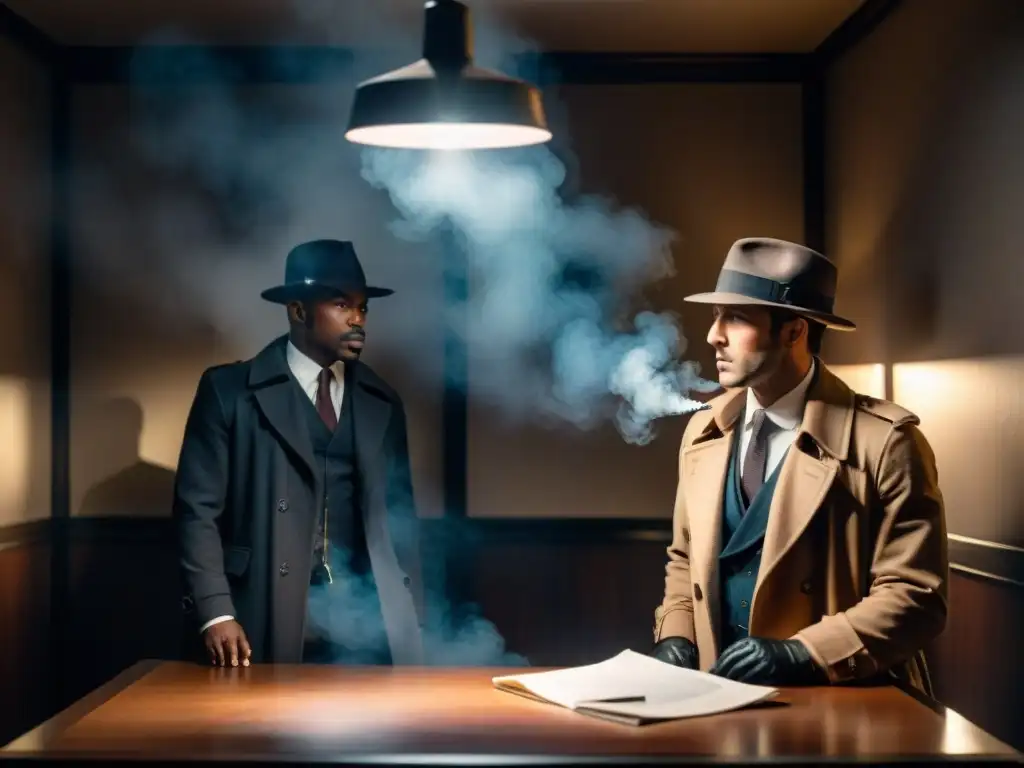 Interrogatorio clandestino: detectives y sospechoso en penumbra Escena intrigante en sala de interrogatorio con detectives y sospechoso