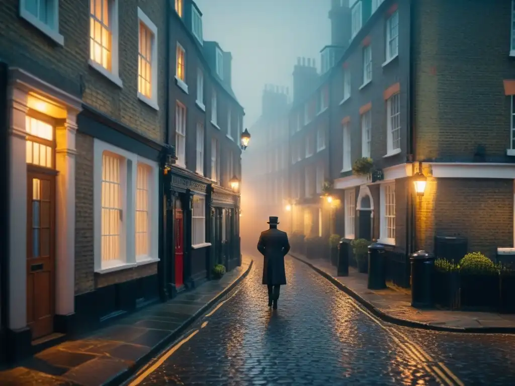 Escena de misterio británico en géneros, un callejón londinense iluminado por farola en la neblina