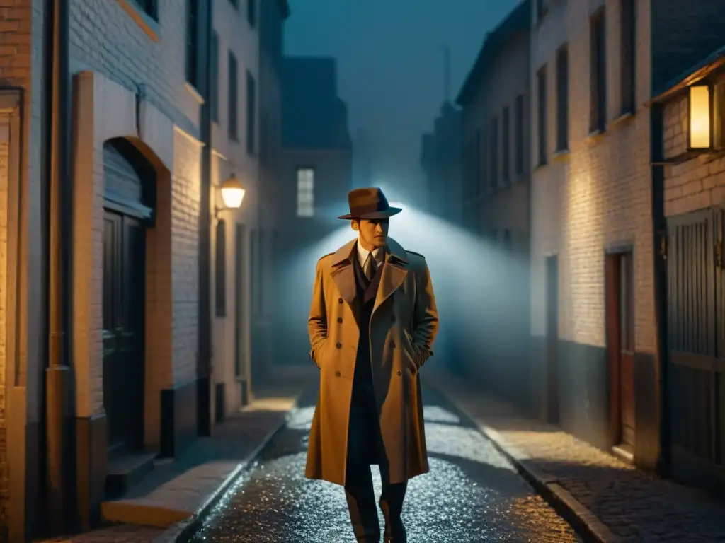 Misterioso detective en callejón sombrío, estilo Film Noir Escena de misterio en un callejón nocturno, figura misteriosa junto a un auto vintage bajo la luz de un farol