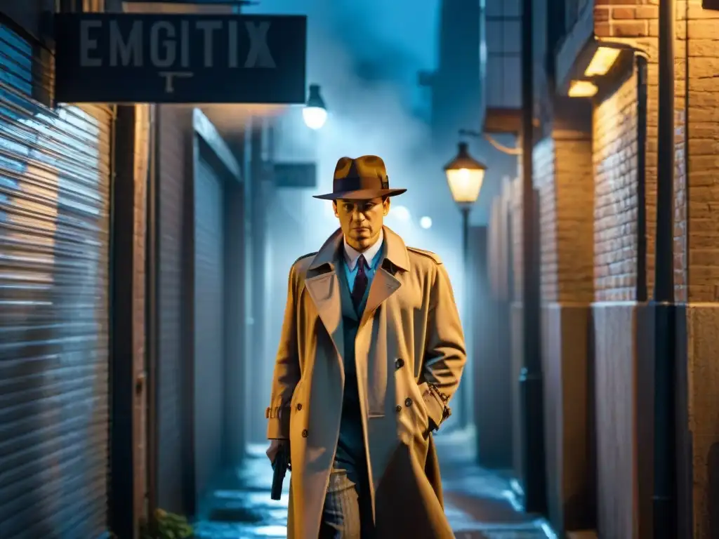 Escena de misterio en callejón nocturno con detective bajo farola, evocando el suspense del cine noir