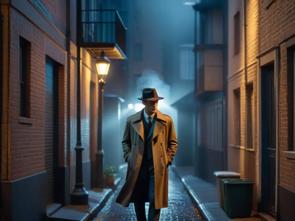 Escena intrigante de cine negro en un callejón sombrío Escena de misterio en un callejón oscuro de noche