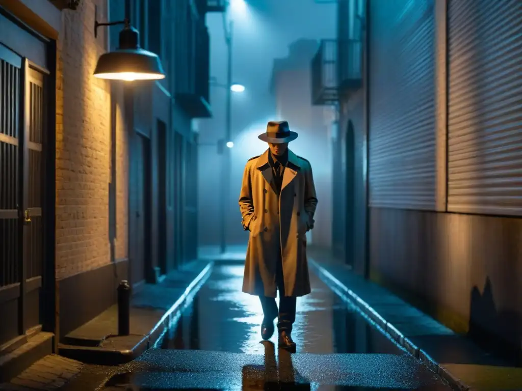 Escena de misterio en un callejón oscuro de noche, con una figura en un trench y sombrero de fedora, evocando el cine noir