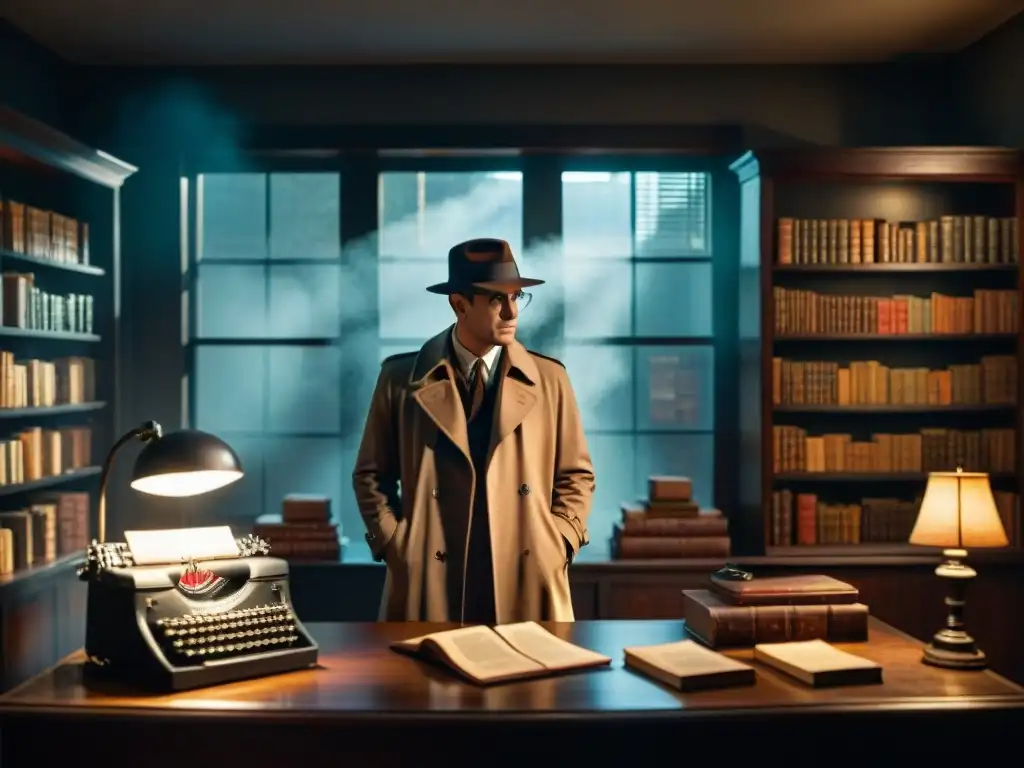 Escena de misterio con un detective icónico en una habitación llena de herramientas y libros antiguos