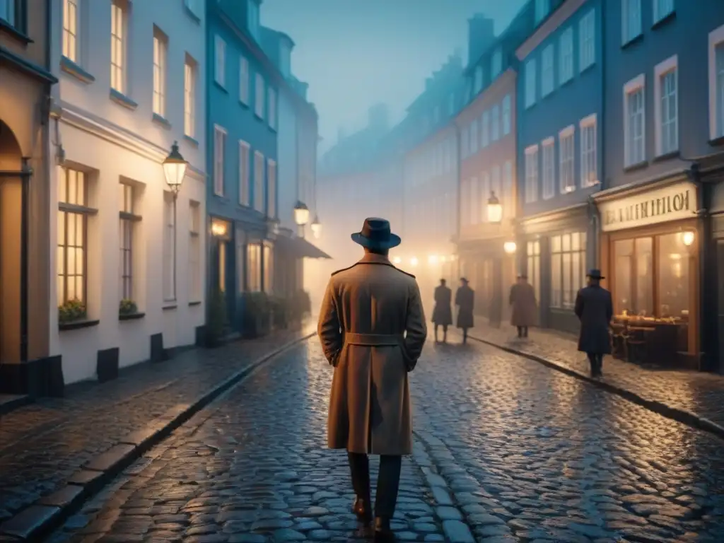 Escena misteriosa en una calle escandinava iluminada por farolas, con figuras en trench coats y sombreros hongo