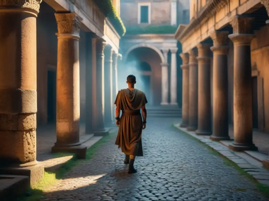 Escena misteriosa en un callejón de la Antigua Roma, iluminado por una antorcha