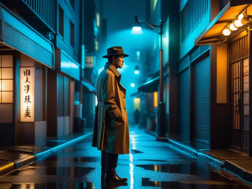 Escena misteriosa en un callejón de Tokio de noche, con figura bajo farola, reflejos de neón y sombras largas