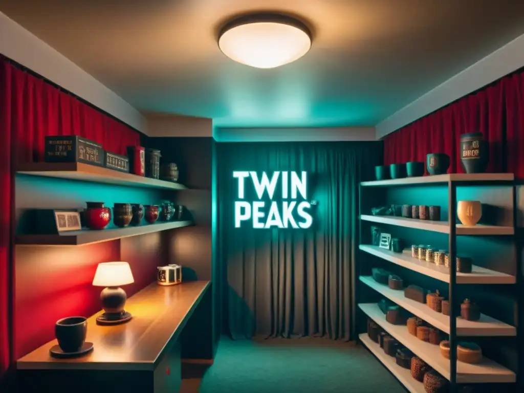 Escena misteriosa de ediciones limitadas Twin Peaks coleccionistas en una habitación con estantes y cortinas rojas