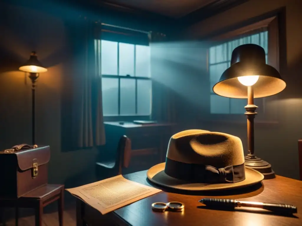 Escena misteriosa en una habitación con herramientas de detective vintage