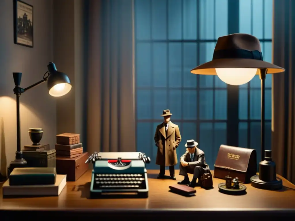 Escena misteriosa en una habitación con objetos de detective vintage iluminados por una lámpara de escritorio