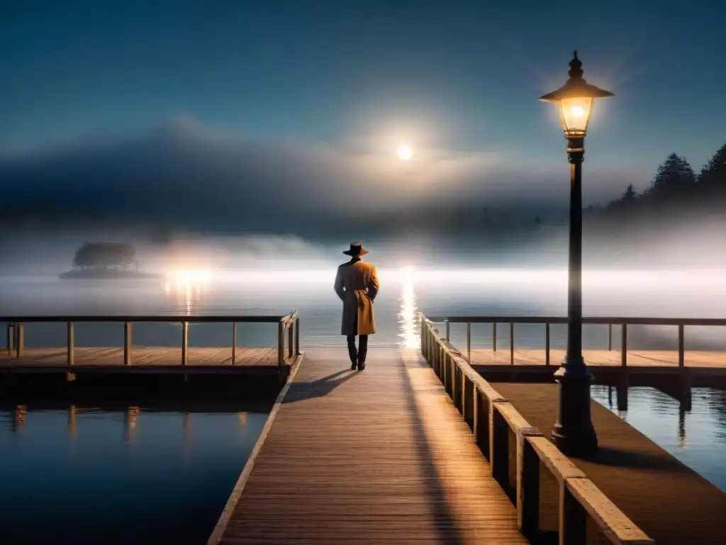 Escena misteriosa de un muelle nocturno con figura solitaria bajo farola, reflejos en el agua, evocando el género de cine negro