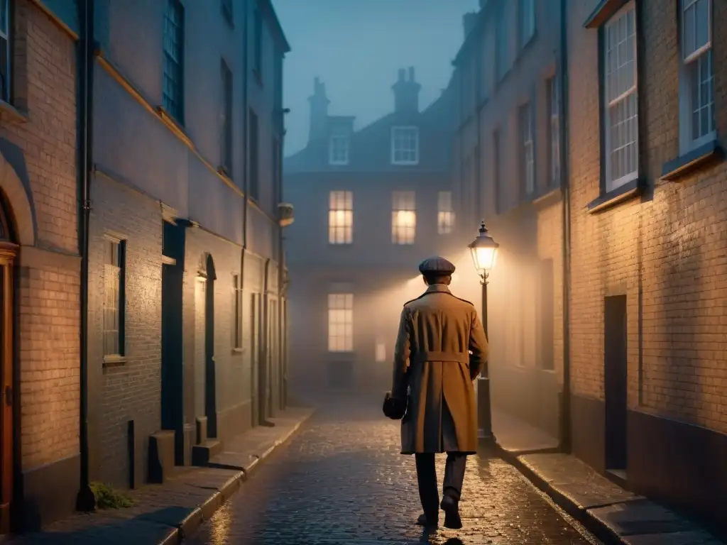 Escena misteriosa de Sherlock temporada 2 análisis: figura solitaria en un callejón oscuro, iluminada por farola titilante