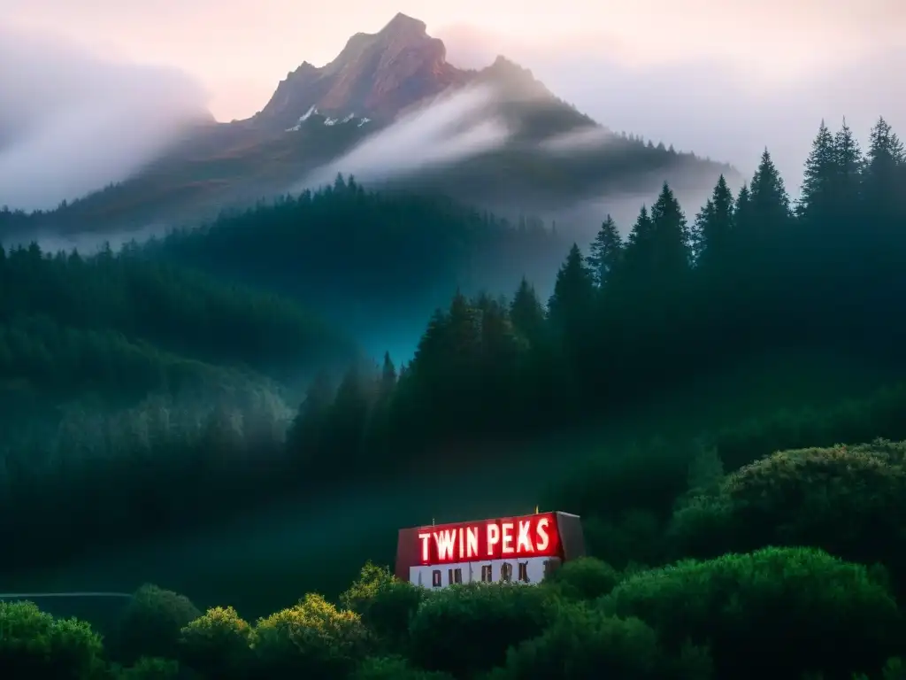 Escena misteriosa de Twin Peaks de noche con la icónica señal iluminada en la neblina, rodeada de árboles