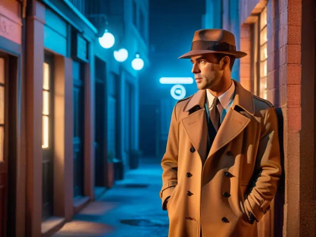 Escena nocturna en callejón iluminado por neón, figura misteriosa en trench coat y fedora, evocando técnicas narrativas cine noir