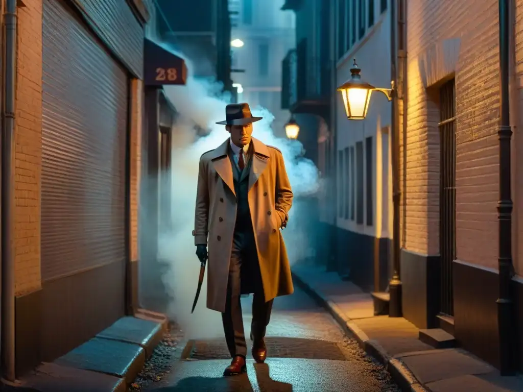 Escena nocturna de un callejón iluminado por la tenue luz de una farola parpadeante