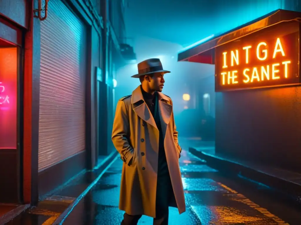 Escena nocturna de película noir en un callejón lluvioso, con luces de neón y figura misteriosa