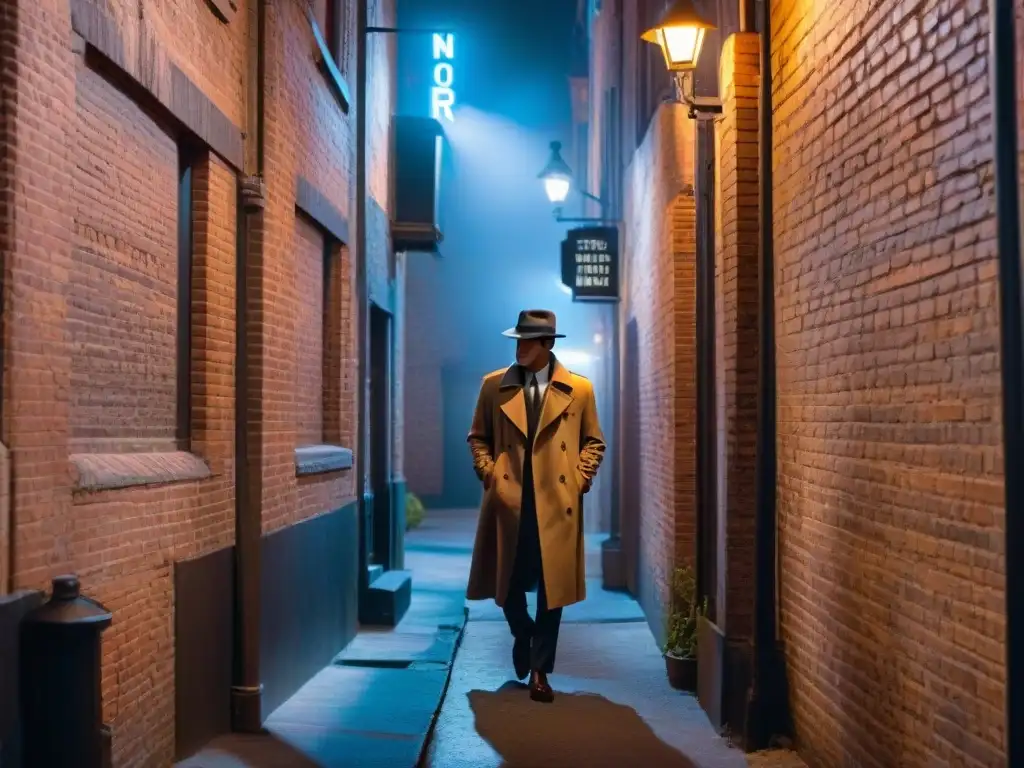 Escena nocturna en un callejón sombrío iluminado por un letrero de neón 'Film Noir'