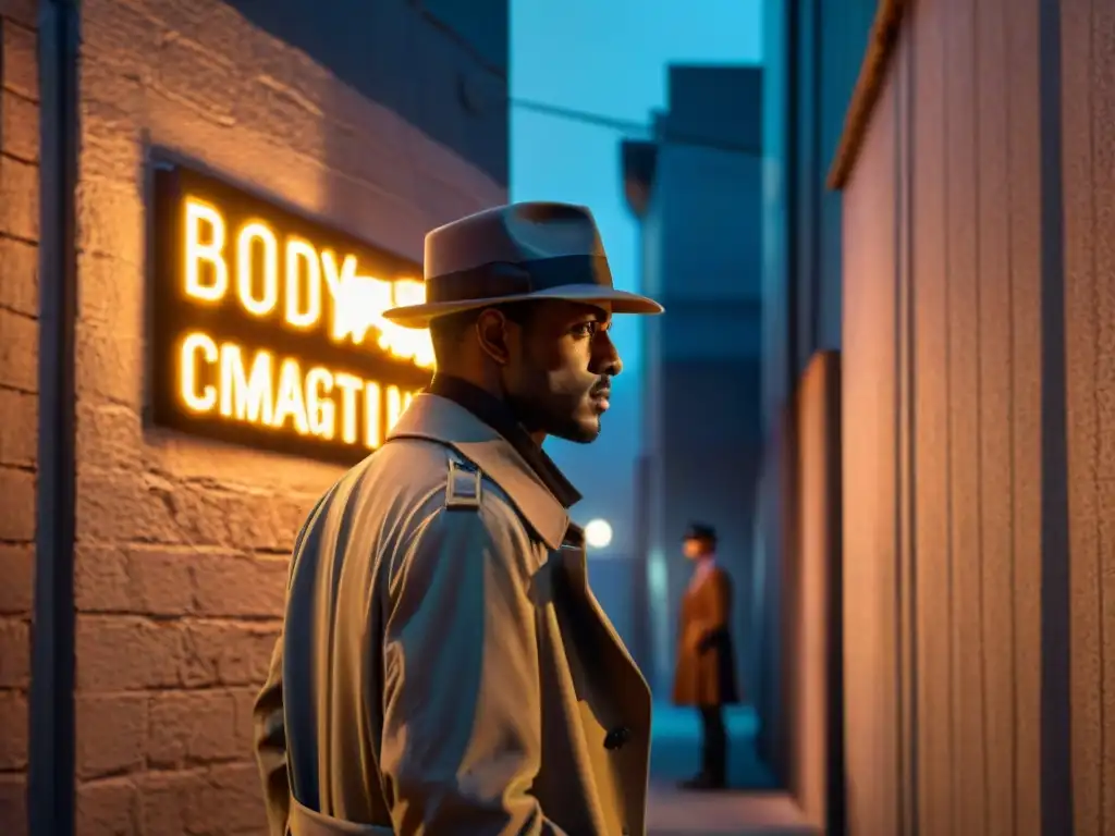 Escena nocturna de cine negro: un detective con gabardina y sombrero bajo un letrero de neón, mientras una figura misteriosa acecha en las sombras