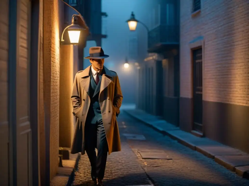 Escena nocturna de película noir con figura misteriosa en un callejón oscuro iluminado por farola