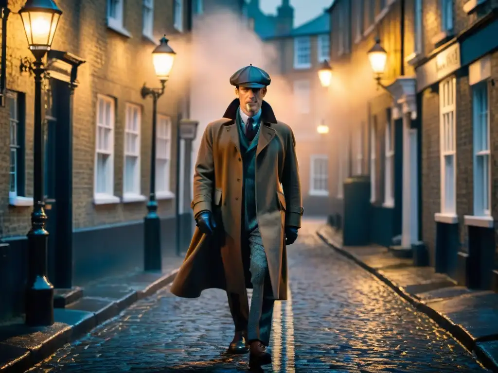 Escena nocturna en Londres con Sherlock Holmes, locaciones icónicas de Sherlock Holmes