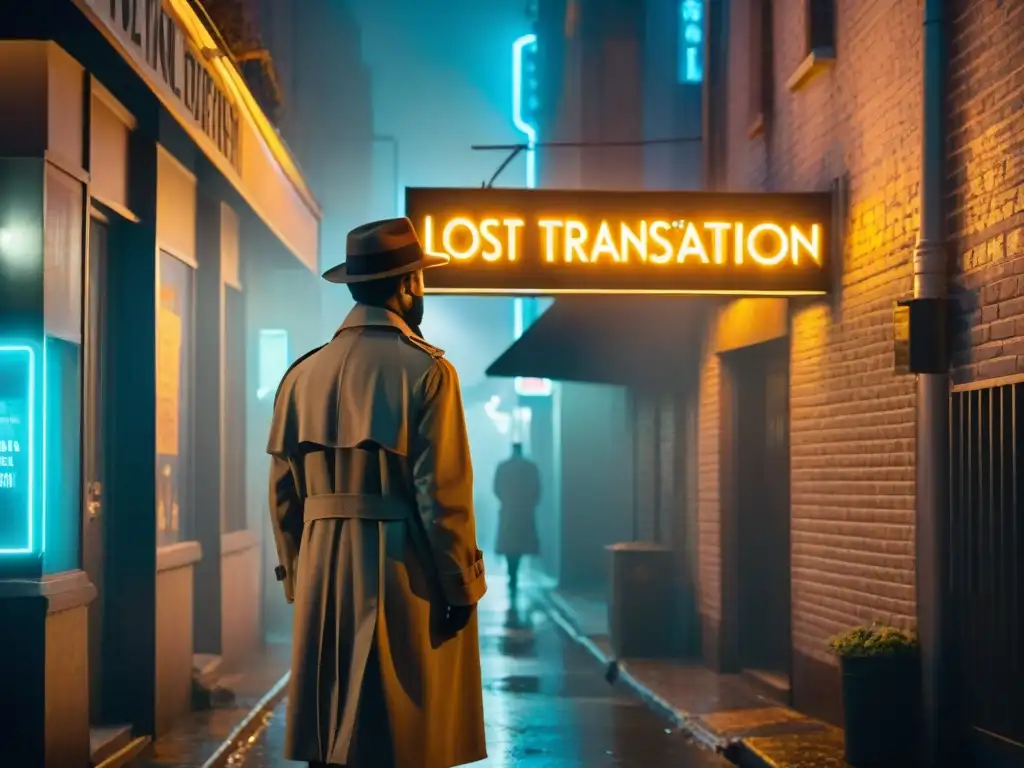 Escena nocturna de misterio en un callejón con neblina y una figura en silueta frente a letrero de 'Agencia de Detectives Lost in Translation'