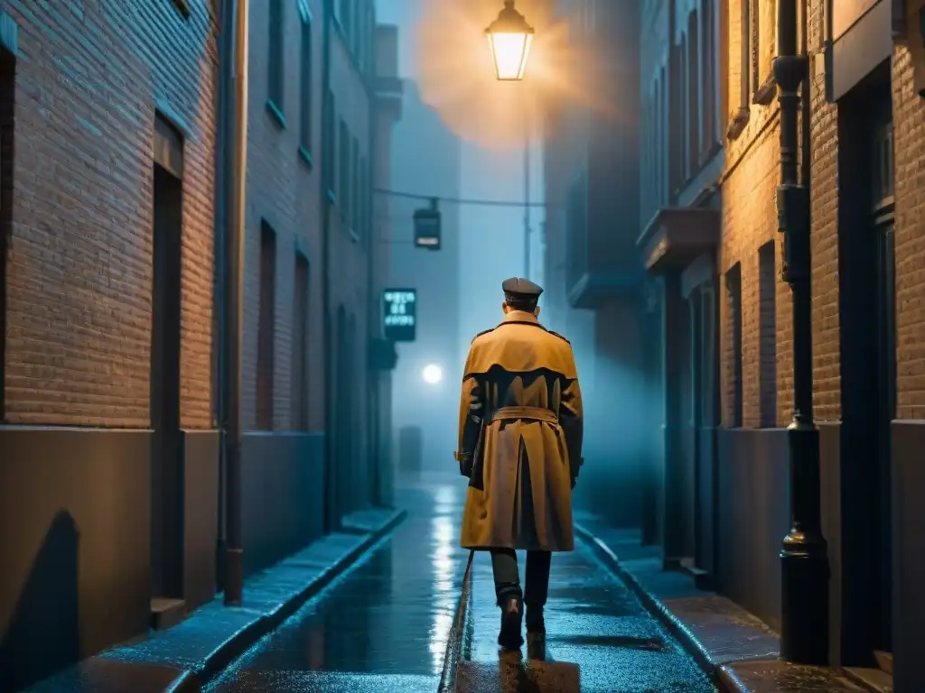 Escena nocturna de suspense en un callejón, con figura solitaria bajo farola