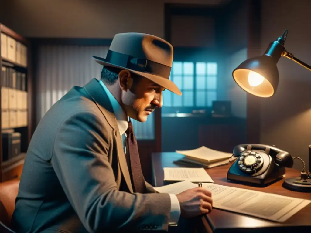 Escena de oficina de detective en 8k con estética film noir, destacando software forense en detectives audiovisuales