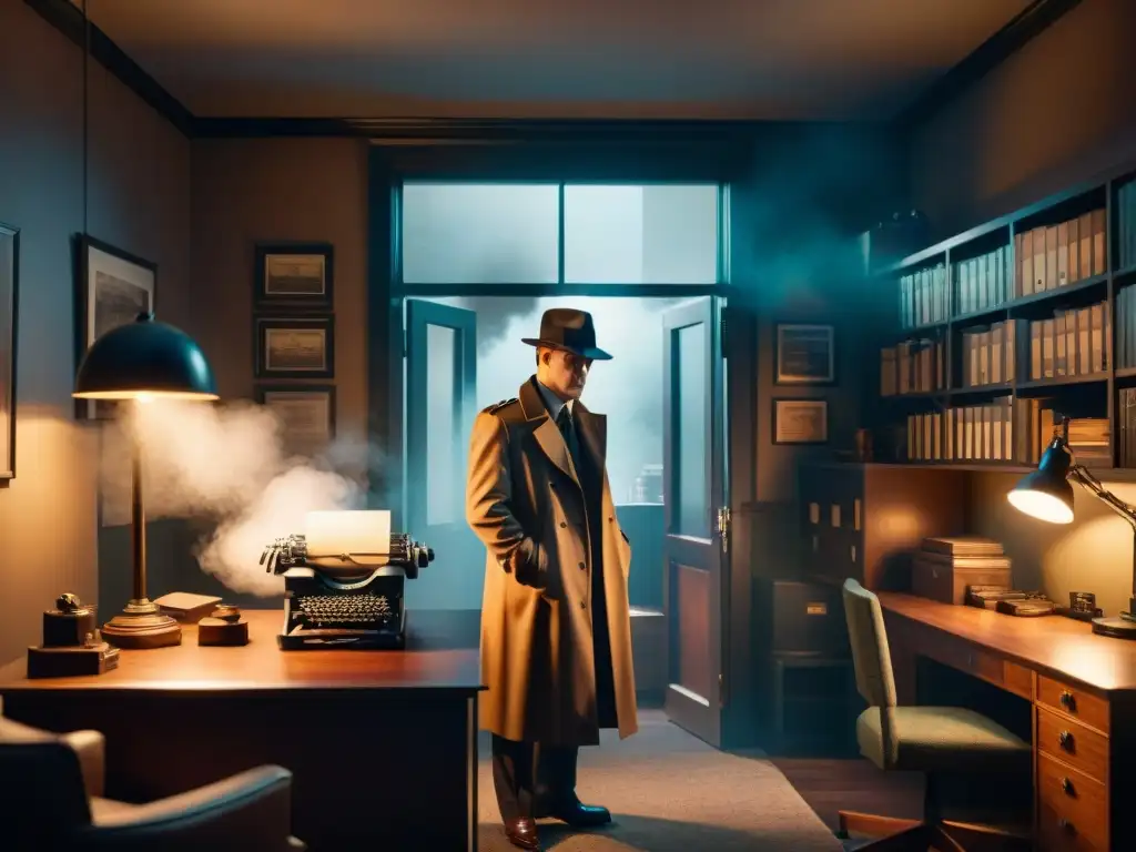 Escena de oficina detectivesca en alta resolución 8k con estética noir, resaltando la importancia de los sidekicks detectives