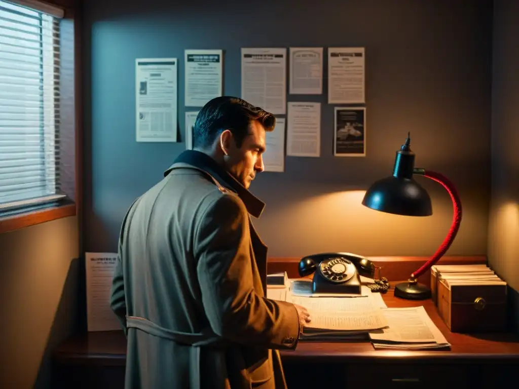 Oficina misteriosa: detective en trinchera con tablero de conexiones Escena de oficina en penumbra de película noir con detective en abrigo mirando tablero lleno de fotos y notas