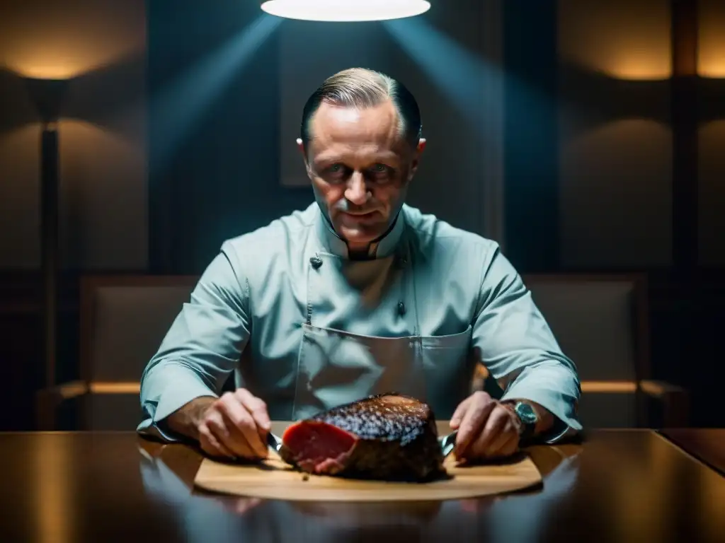 Hannibal Lecter en una escena oscura y elegante de la tercera temporada, delicadamente cortando carne en una atmósfera inquietante