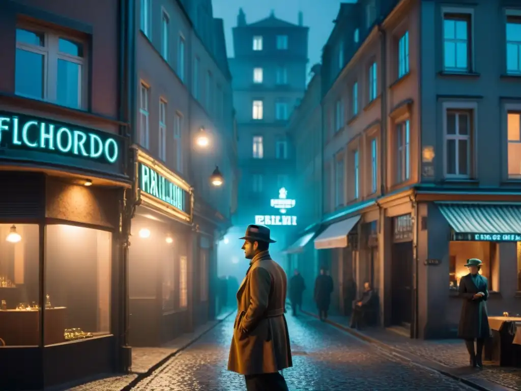 Una escena de película noir en un callejón de Berlín con detectives bajo neón en 'Bar Helldorado'