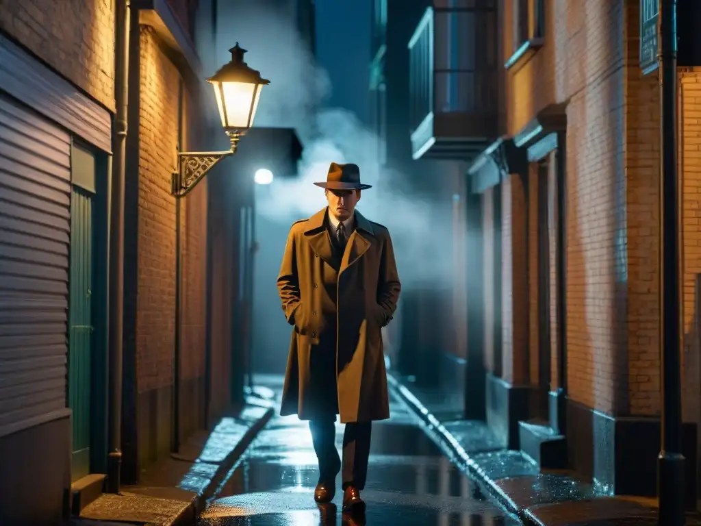 Escena de película noir: un callejón sombrío iluminado por una tenue luz de farola