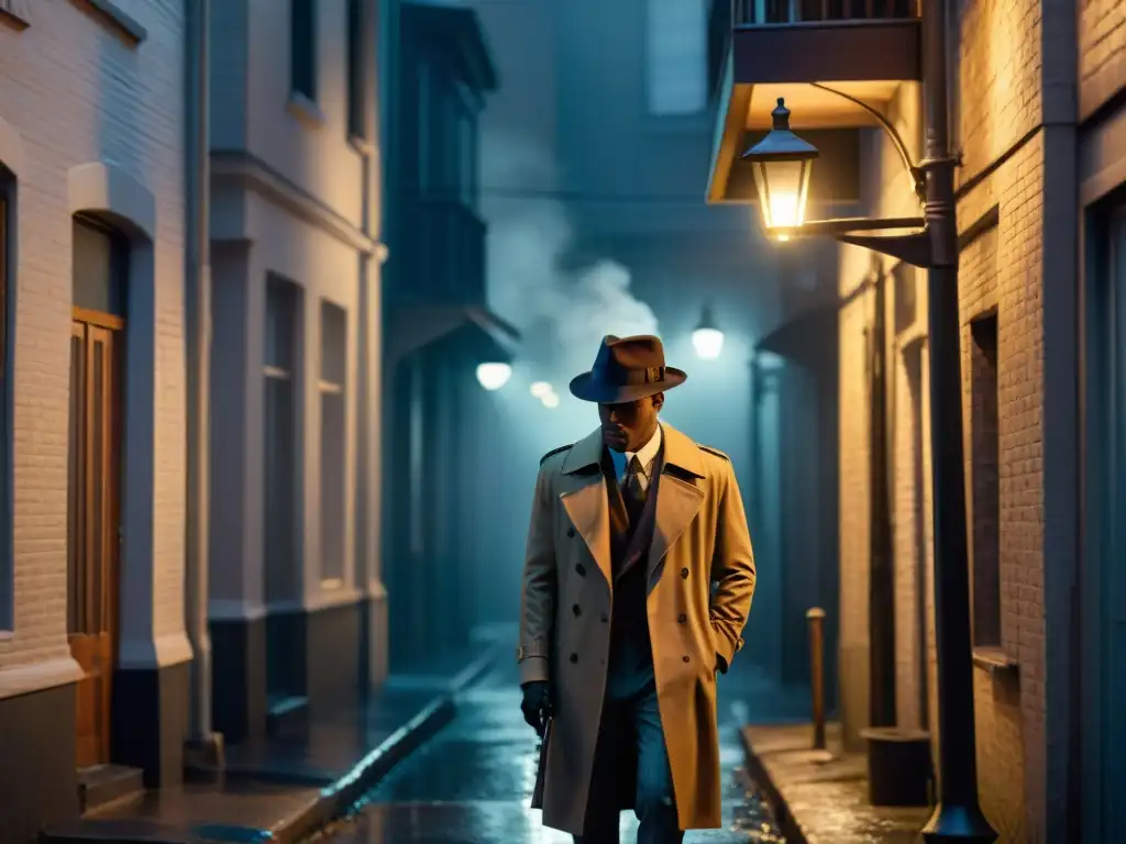 Escena de película noir con detective y femme fatale en un callejón nocturno, reflejando la evolución del género detectivesco